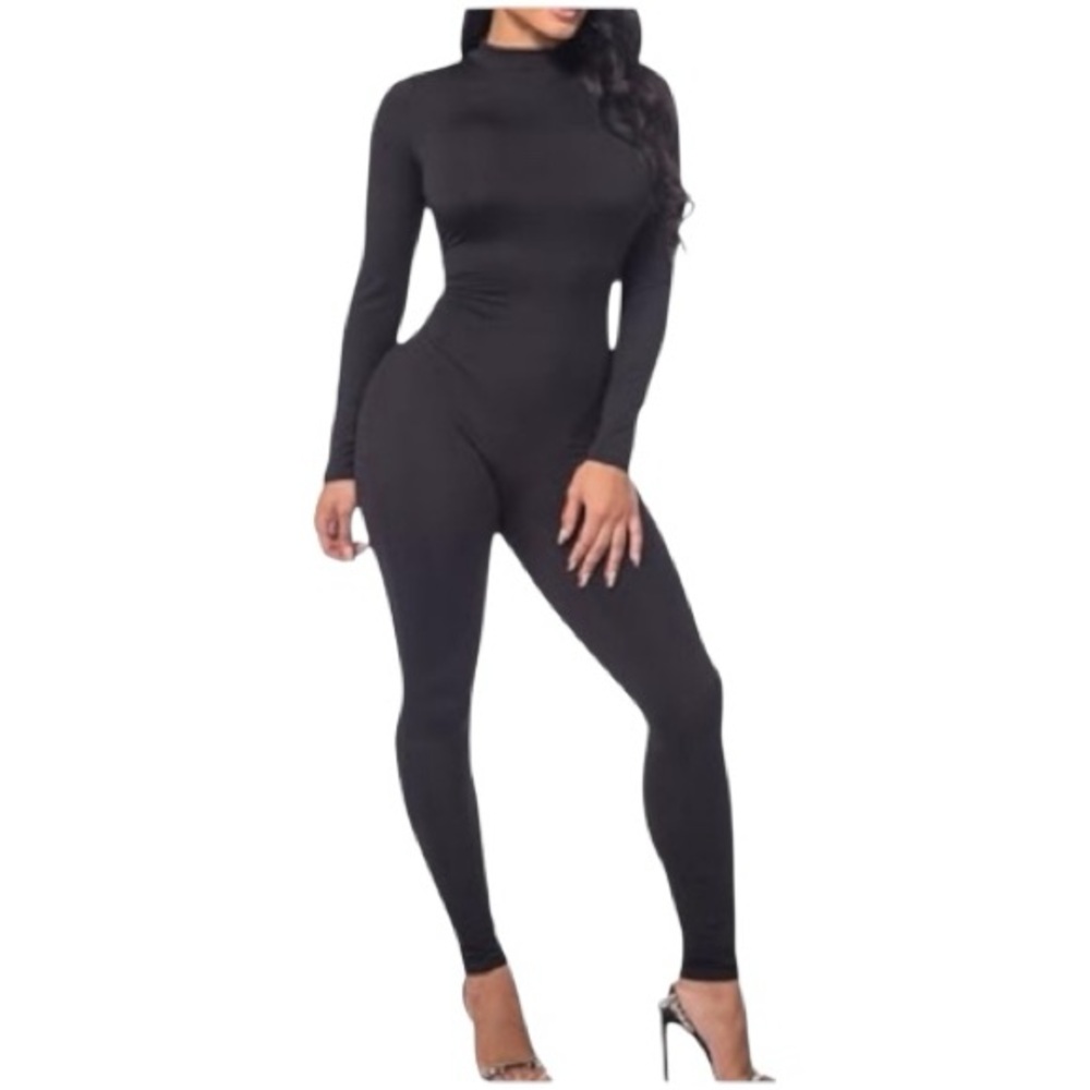 Black Mock Neck Long Sleeve Bodycon Jumpsuit Catsuit